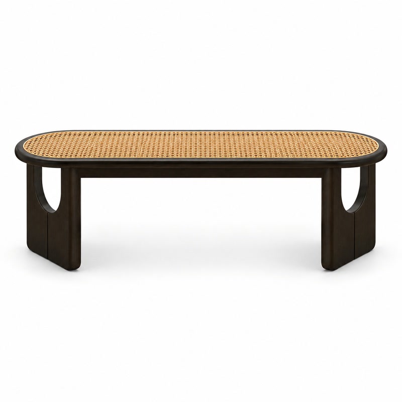 FZ Arched Woven Cane Natural Cane Ash Wood Bench, front product view