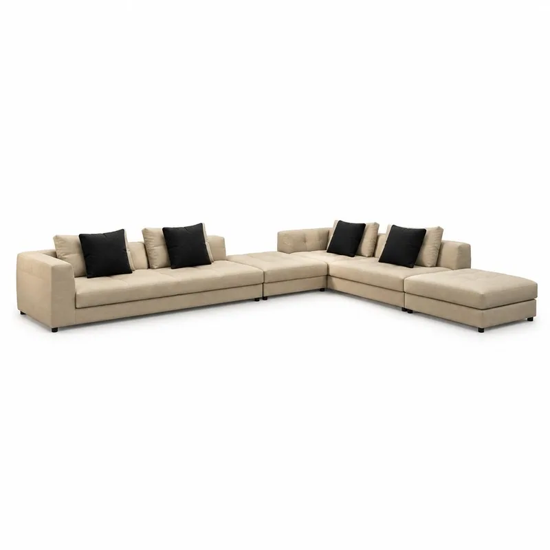 Beige L Shaped Sectional Sofa with Black Cushions, front product view