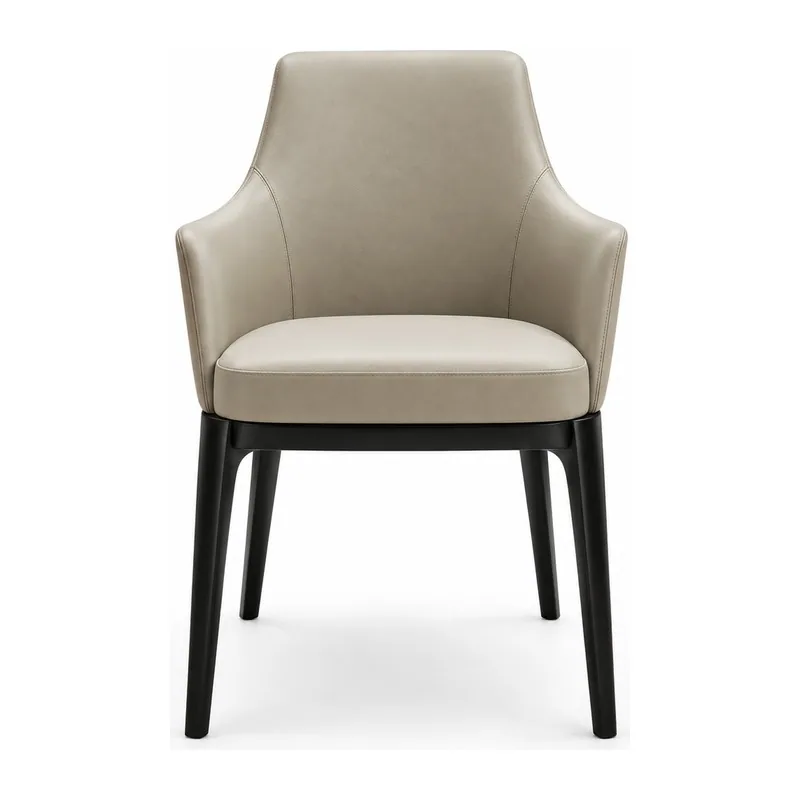Beige Upholstered Black Frame Dining Armchair, front product view
