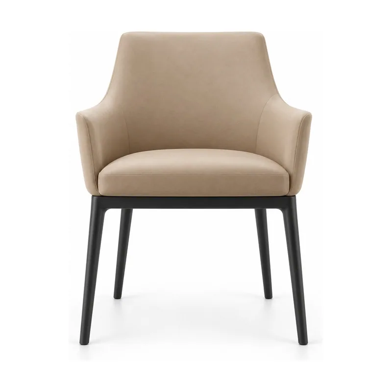 Beige Upholstered Dining Armchair with Black Metal Legs, front product view