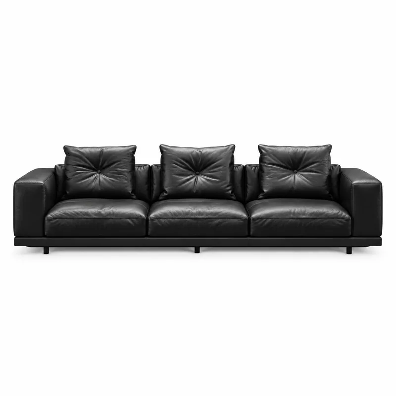 Black Center Pinch Cushion Three Seat Leather Sofa, front product view