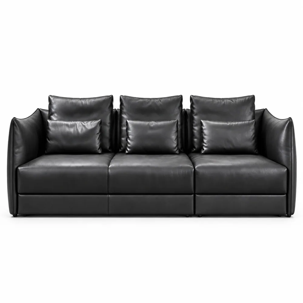 Black Curved Wing Arm Three Seat Leather Sofa, front product view