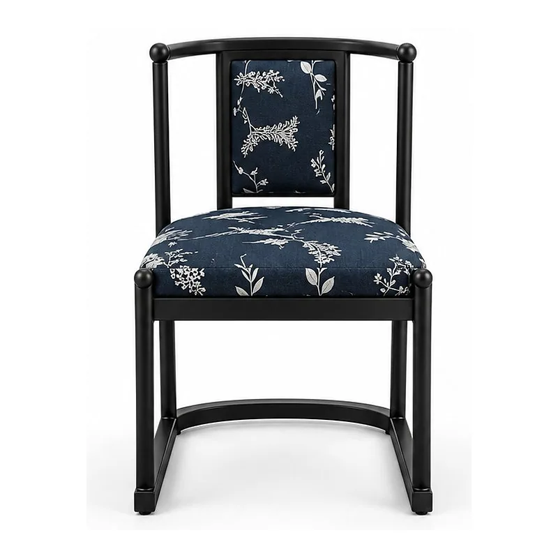 Black Frame Navy Botanical Fabric Dining Chair, front product view