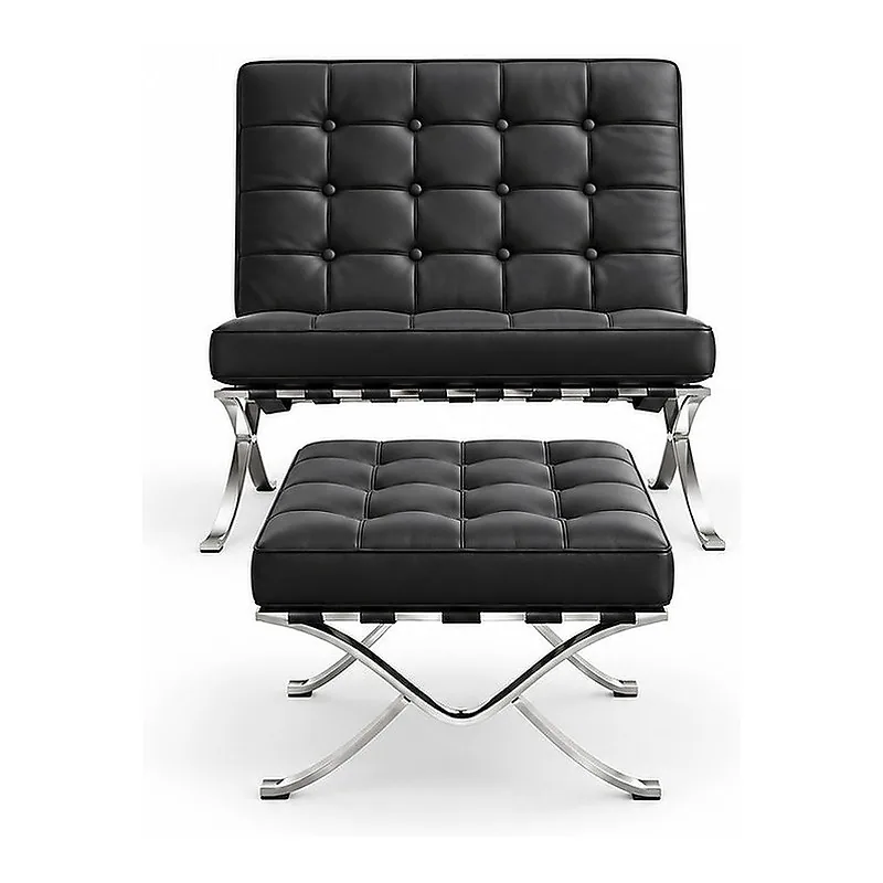 Black Leather Barcelona Chair and Ottoman, front product view