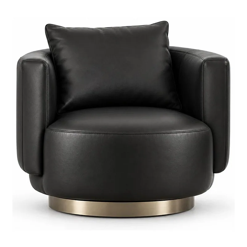 Black Leather Brass-Disc Swivel Tub Chair, front product view
