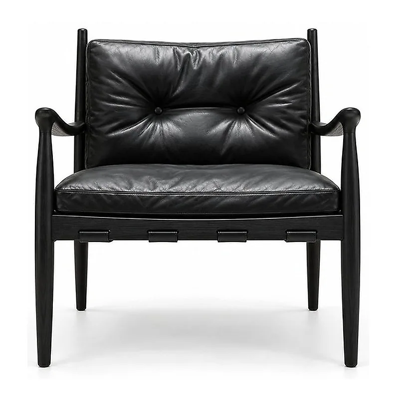 Black Leather Button-Tufted Wood Frame Lounge Chair, front product view