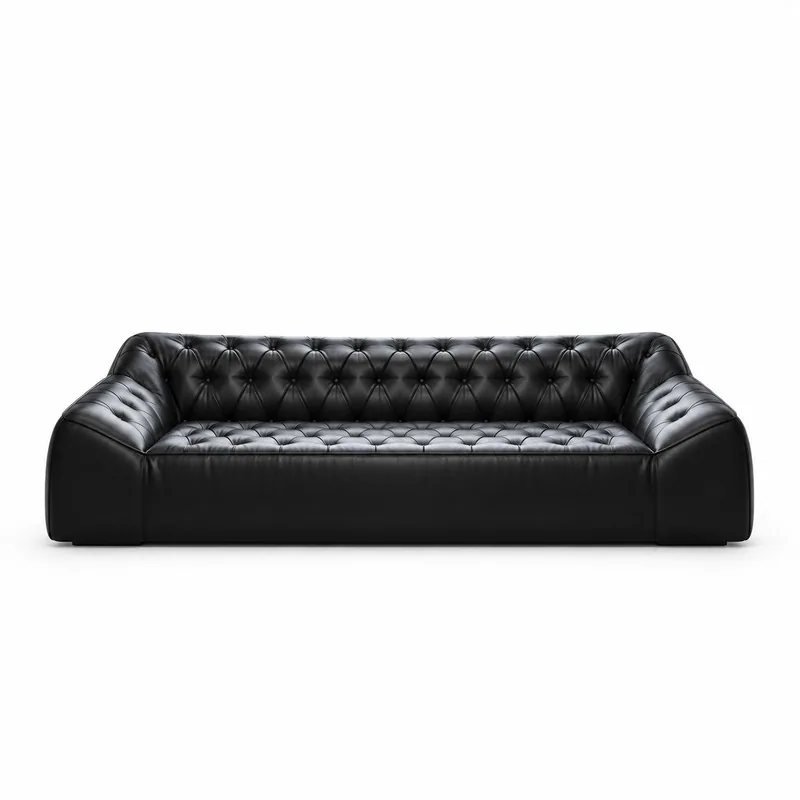Black Leather Diamond Tufted Tuxedo Sofa, front product view