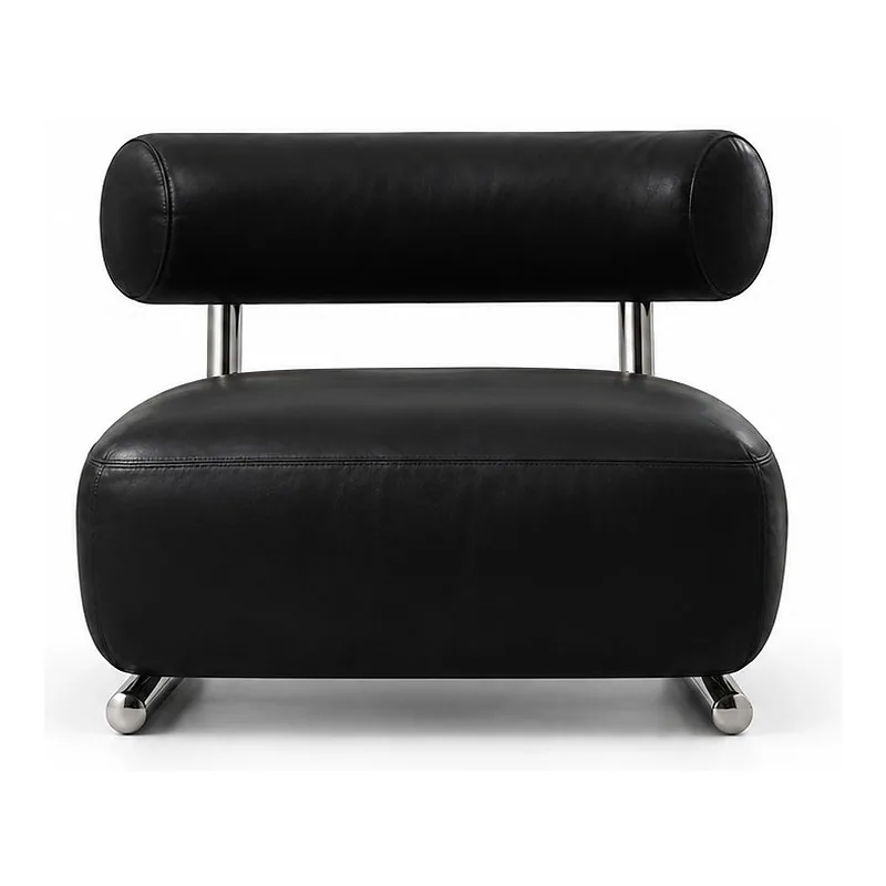 Black Leather Lounge Chair with Chrome Sled Base, front product view