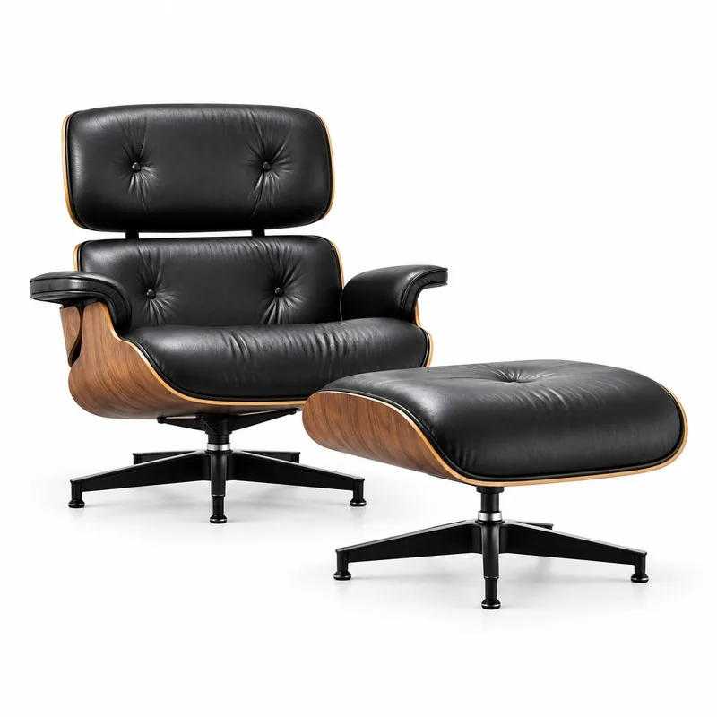 Black Leather Walnut-Shell Lounge Chair and Ottoman Set, front product view