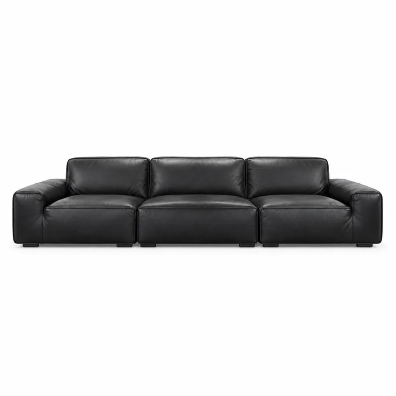 Black Low Back Three Seat Leather Sofa, front product view