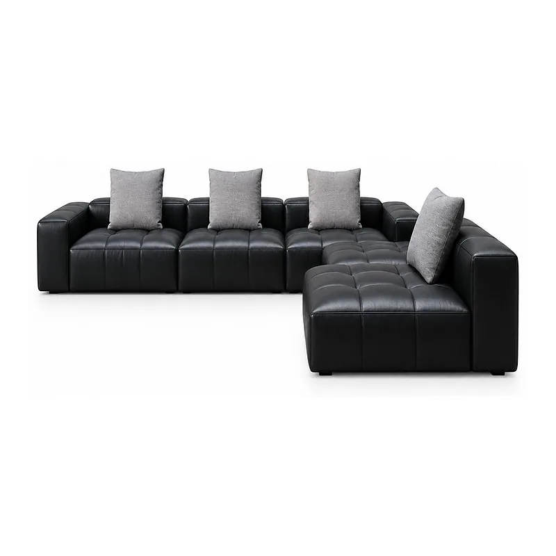 Black Quilted Right Chaise Leather Sectional Sofa, front product view