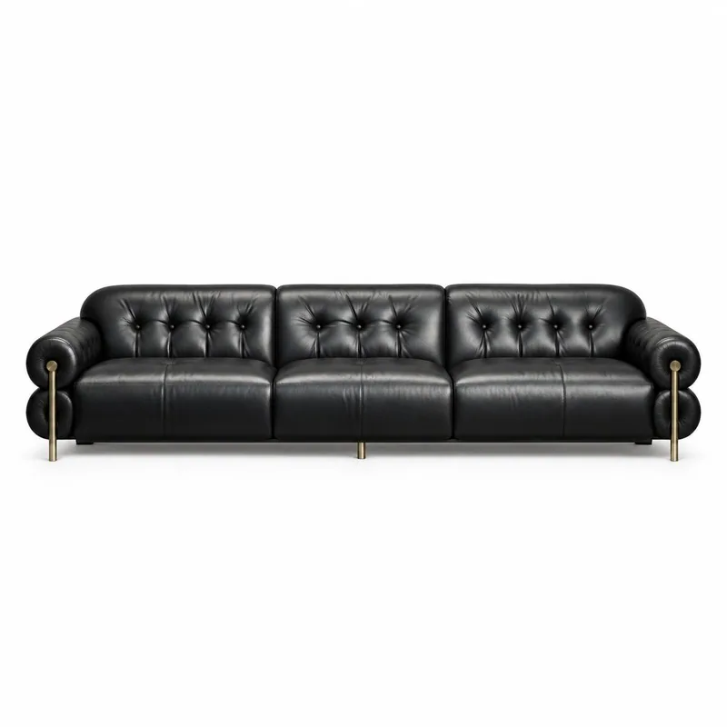 Black Tufted Roll Arm Leather Three Seat Sofa, front product view
