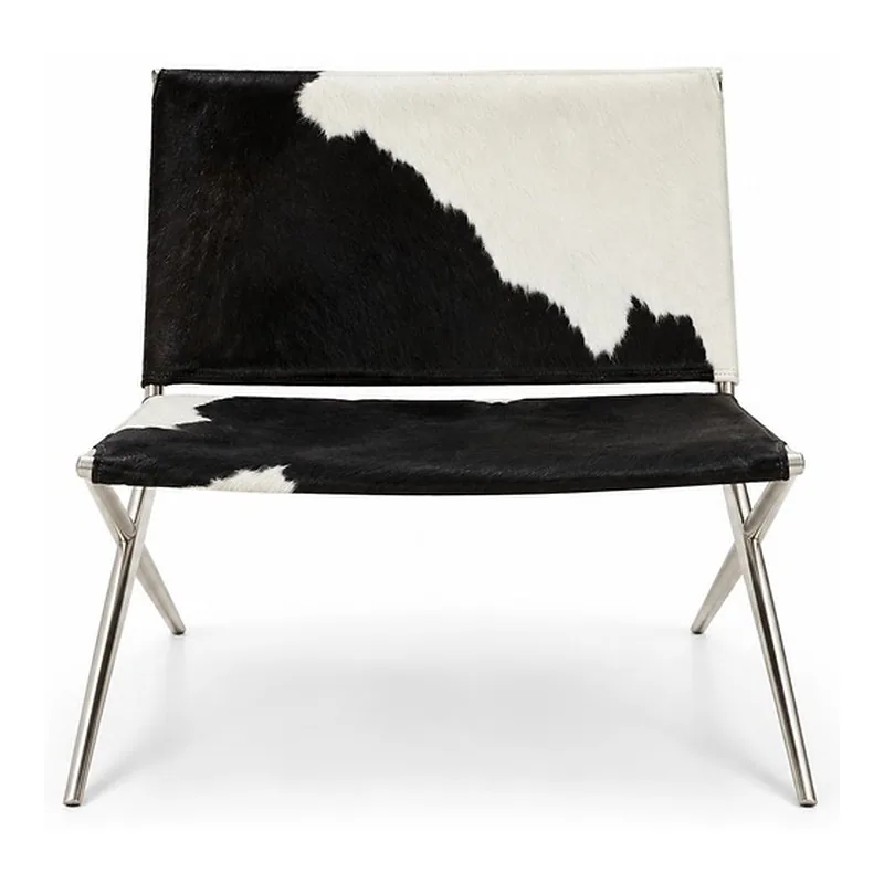 Black White Cowhide Chrome Sling Lounge Chair, front product view