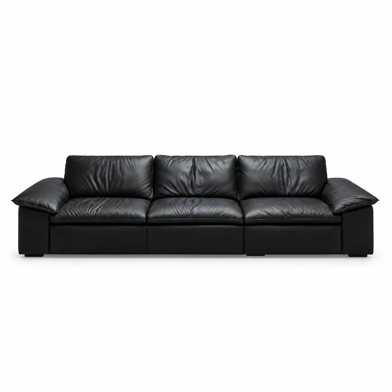 Black Wide Pillow Arm Leather Three Seat Sofa, front product view