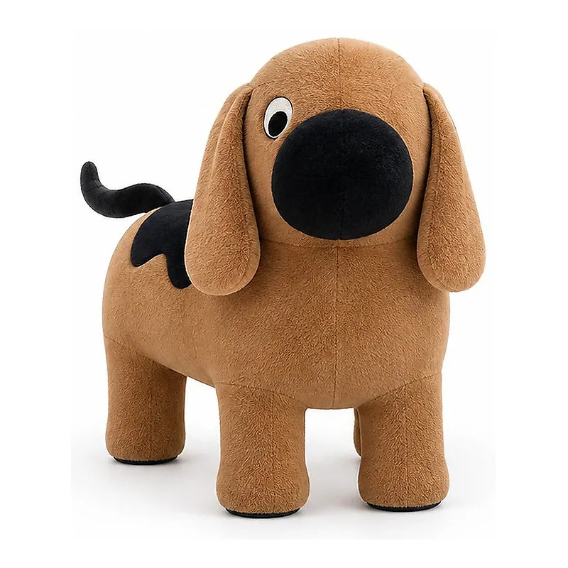 Brown Plush Dog Stool with Black Patches, front product view