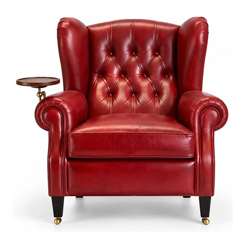 Burgundy Leather Wingback Chair with Side Tray, front product view