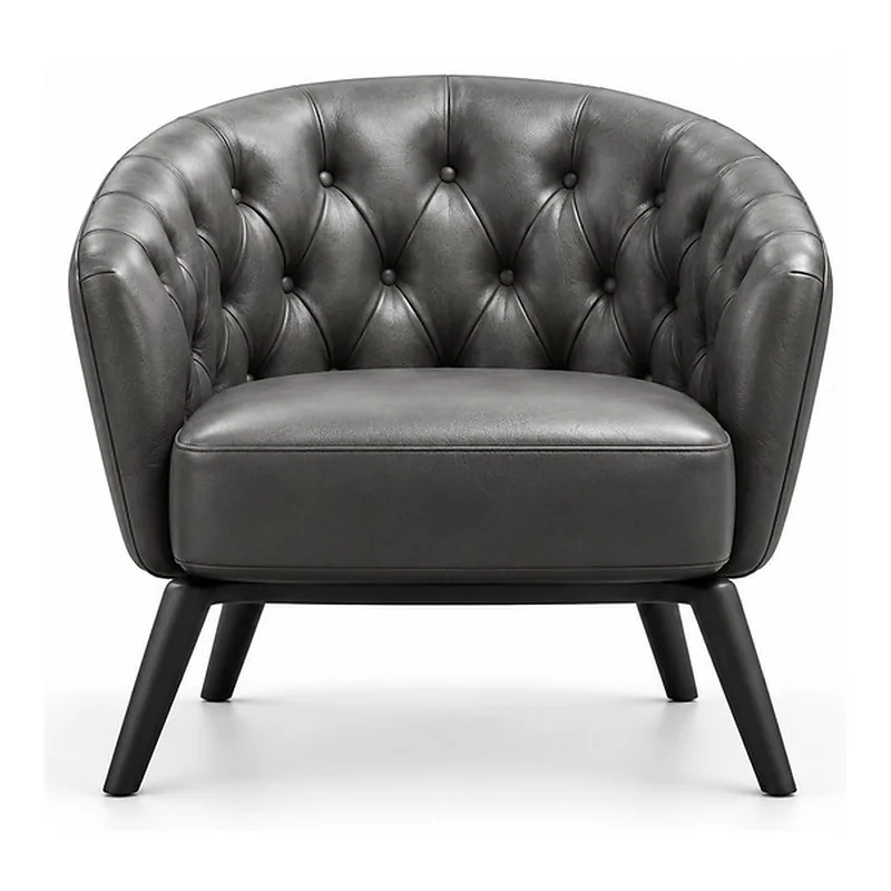 Charcoal Button-Tufted Leather Tub Lounge Chair, front product view