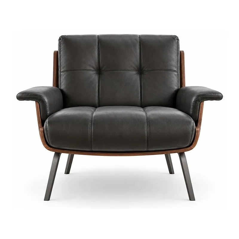 Charcoal Leather Wood Shell Armchair with Arms, front product view