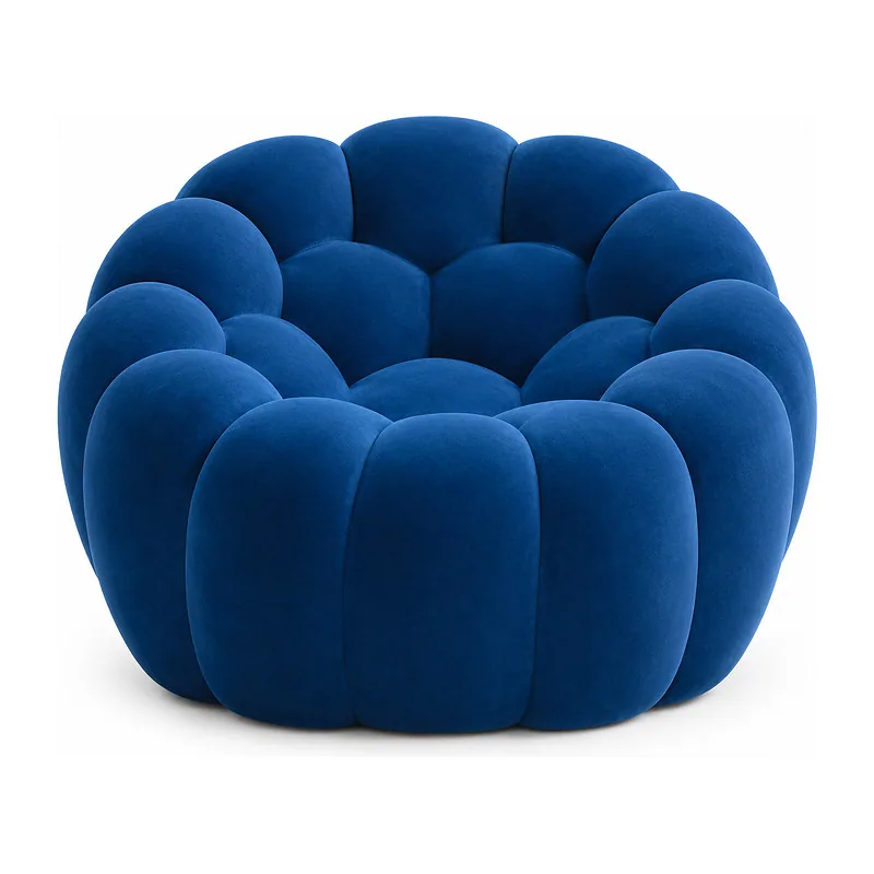 Cobalt Blue Scalloped Tufted Round Pouf, front product view