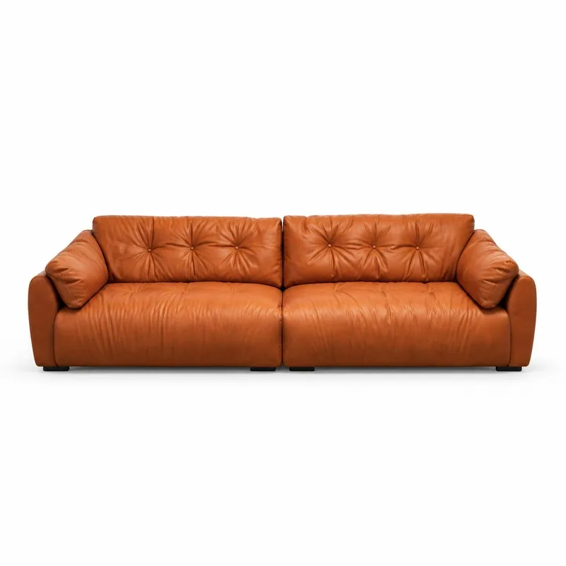 Cognac Leather Tufted Pillow Arm Sofa, front product view