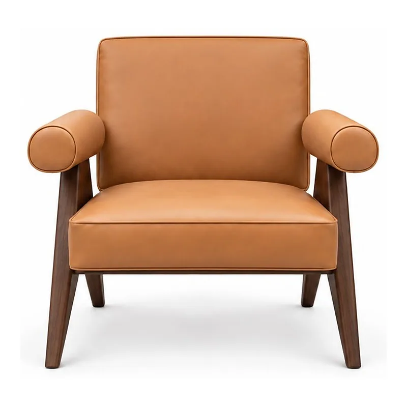 Cognac Leather Walnut Lounge Chair, front product view