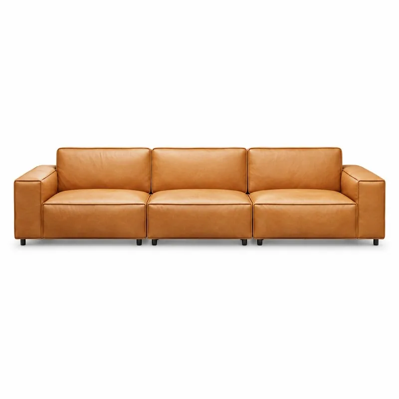 Cognac Linear Leather Three Seat Sofa, front product view