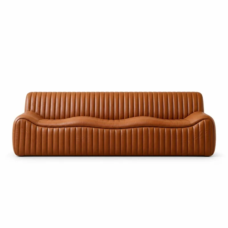Cognac Vertical Channel Wave Seat Leather Sofa, front product view