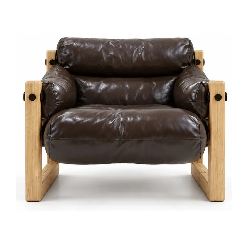 Dark Brown Leather Lounge Chair with Oak Frame, front product view