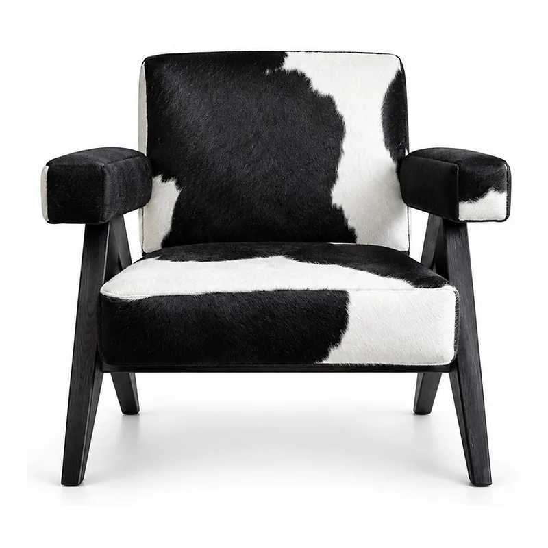 Emma Black White Pattern Dark Wood Lounge Armchair, front product view