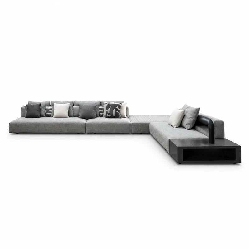 Gray L-Shaped Platform Sofa with Black Storage Frame, front product view