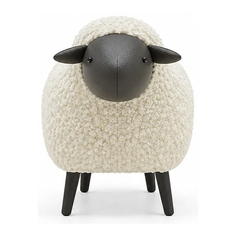Ivory Curly Fleece Sheep Stool, front product view