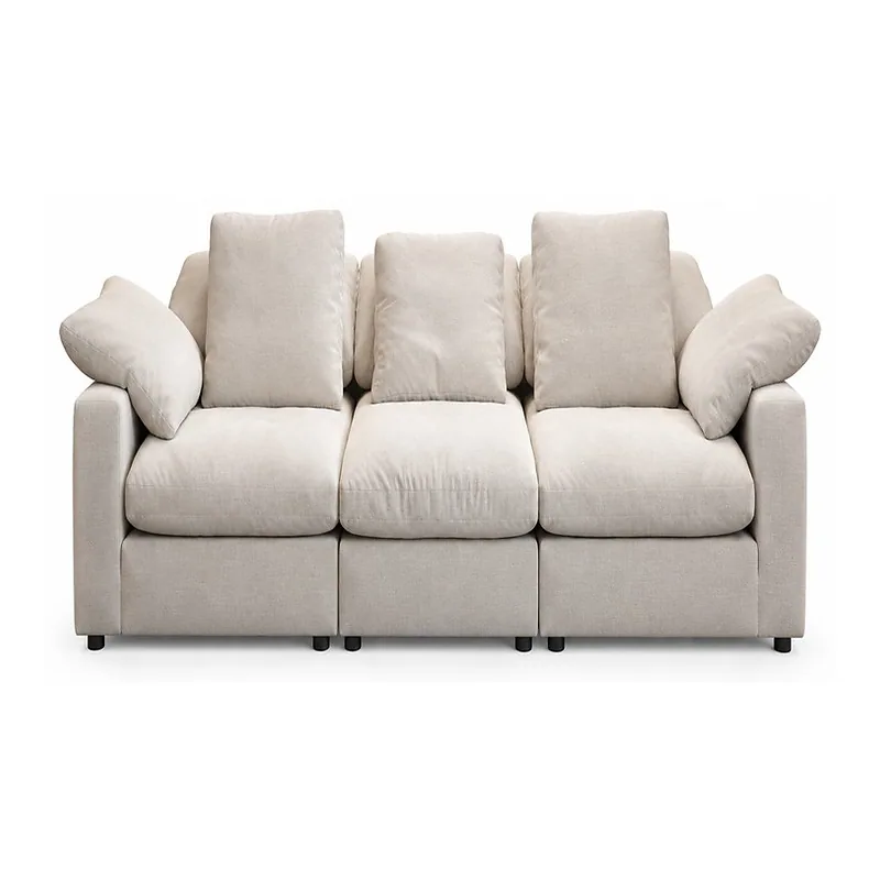 Ivory Pillow Arm Three Seat Fabric Sofa, front product view