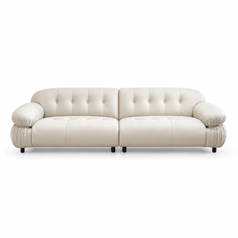 Ivory Tufted Roll Arm Leather Three Seat Sofa, front product view