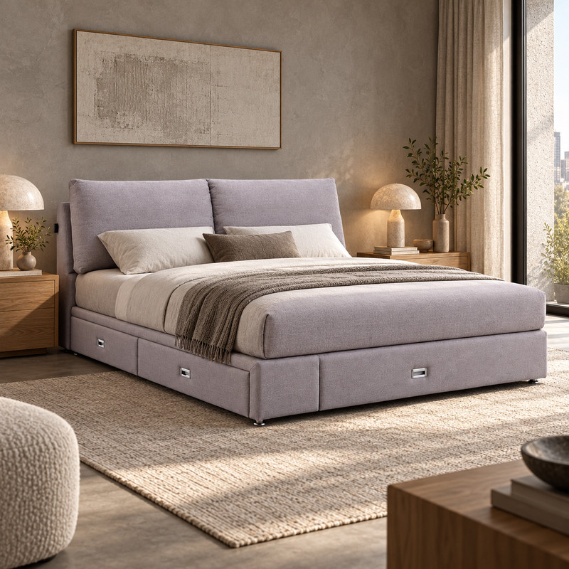 Jiani B8260 Upholstered Bed, complete styled bed display