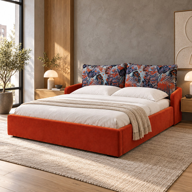 Jiani B8303 Upholstered Bed, complete styled bed display