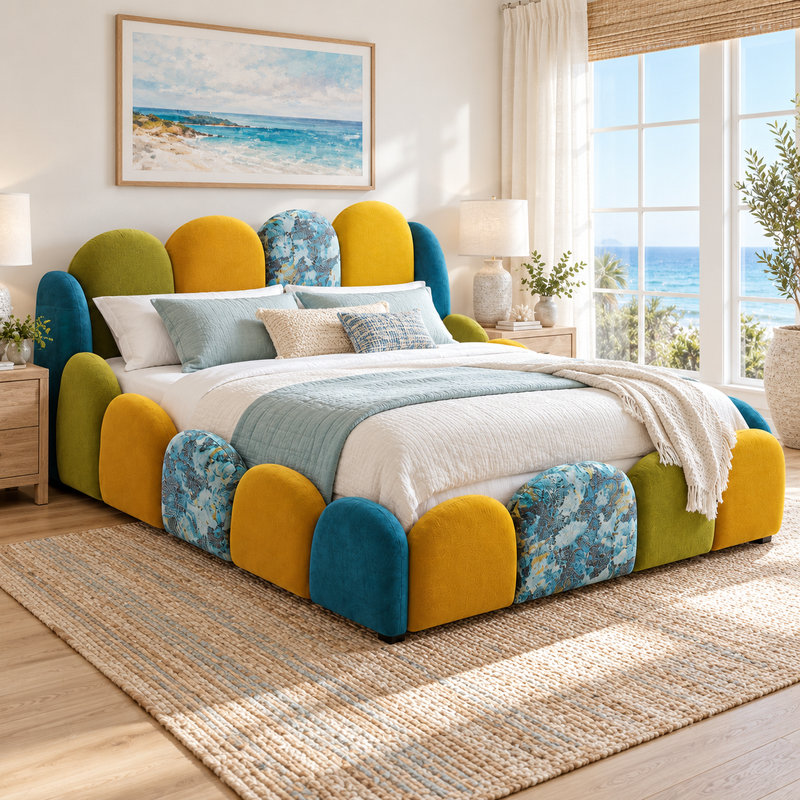 Jiani B8323 Upholstered Bed, complete styled bed display