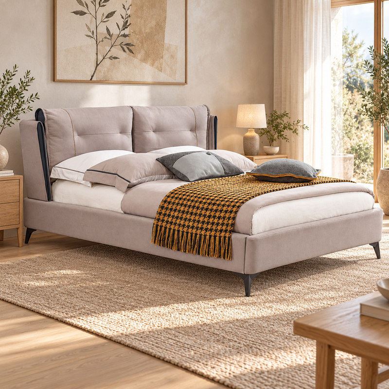 Jiani B8512-1 Upholstered Bed, complete styled bed display