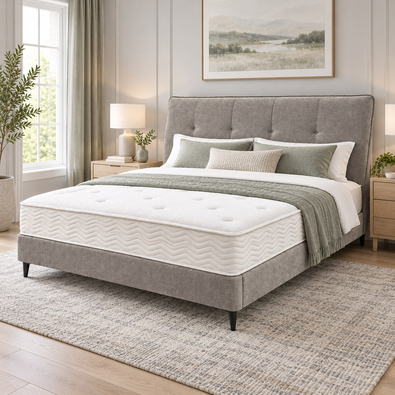 Jiani B8518-5 Upholstered Bed, complete styled bed display