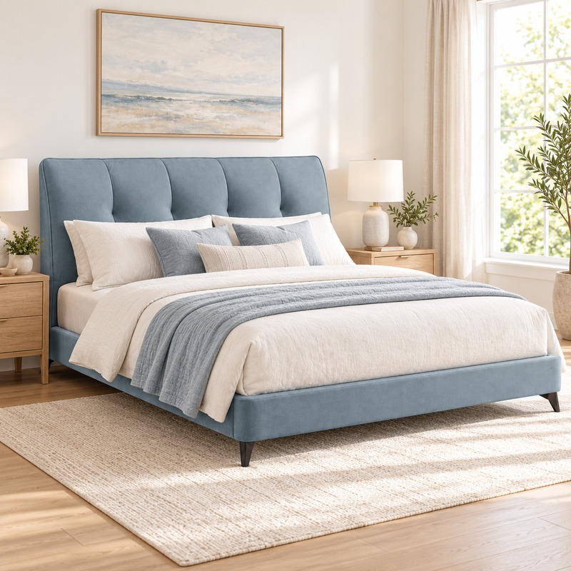 Jiani B8518 Upholstered Bed, complete styled bed display