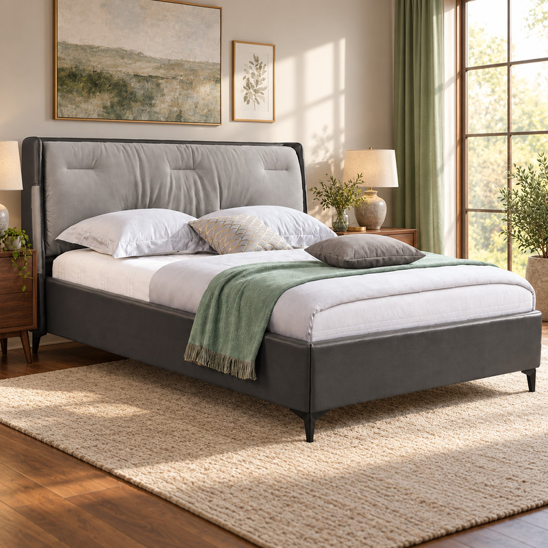 Jiani B8555 Upholstered Bed, complete styled bed display