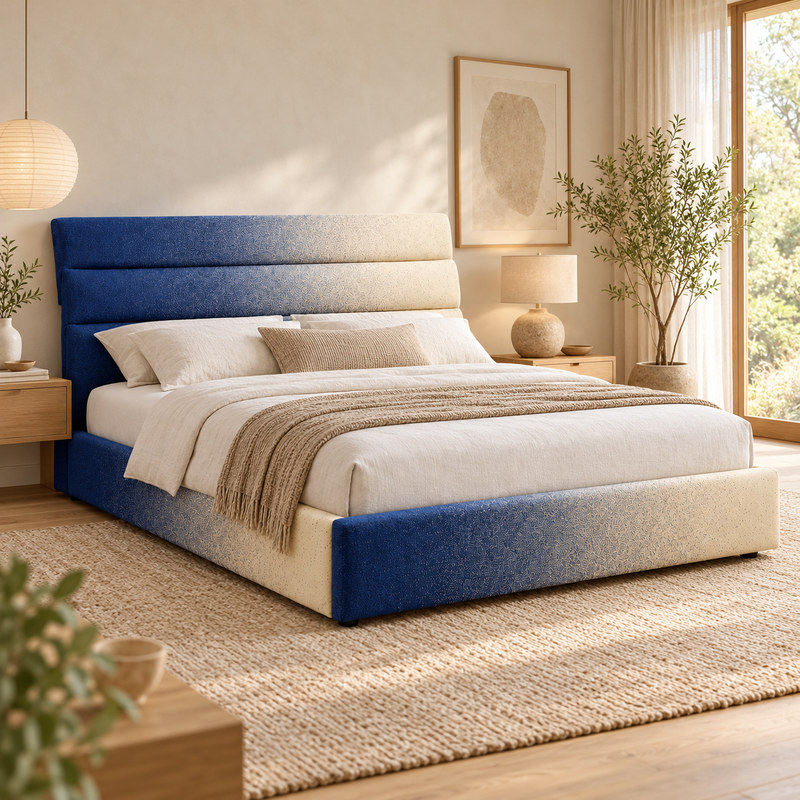 Jiani B8589 Upholstered Bed, complete styled bed display