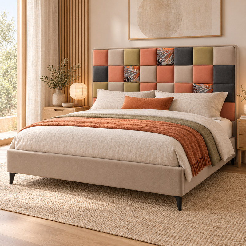 Jiani B8598 Upholstered Bed, complete styled bed display