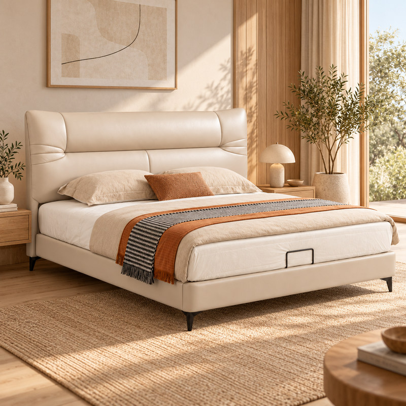 Jiani B8602 Upholstered Bed, complete styled bed display