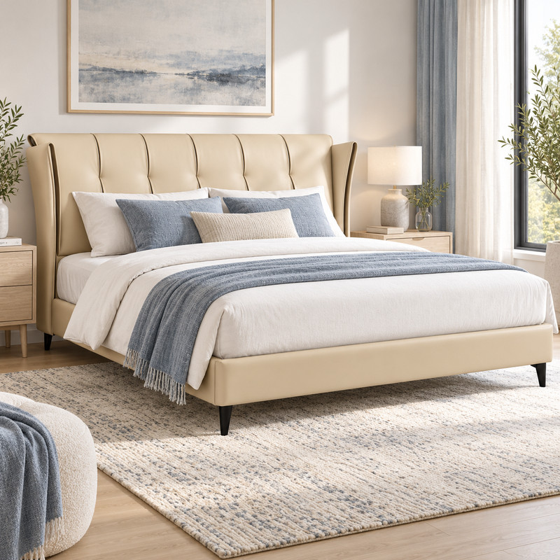 Jiani B8605 Upholstered Bed, complete styled bed display