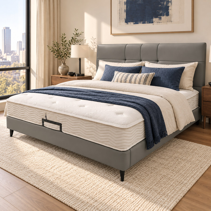 Jiani B8611-1 Upholstered Bed, complete styled bed display