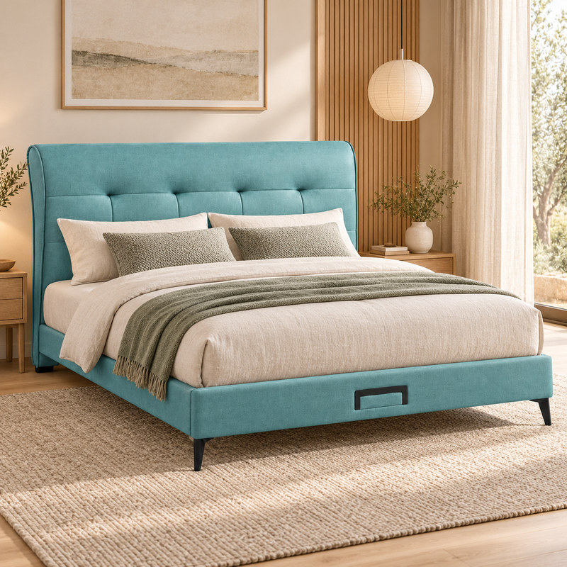 Jiani B8618 Upholstered Bed, complete styled bed display