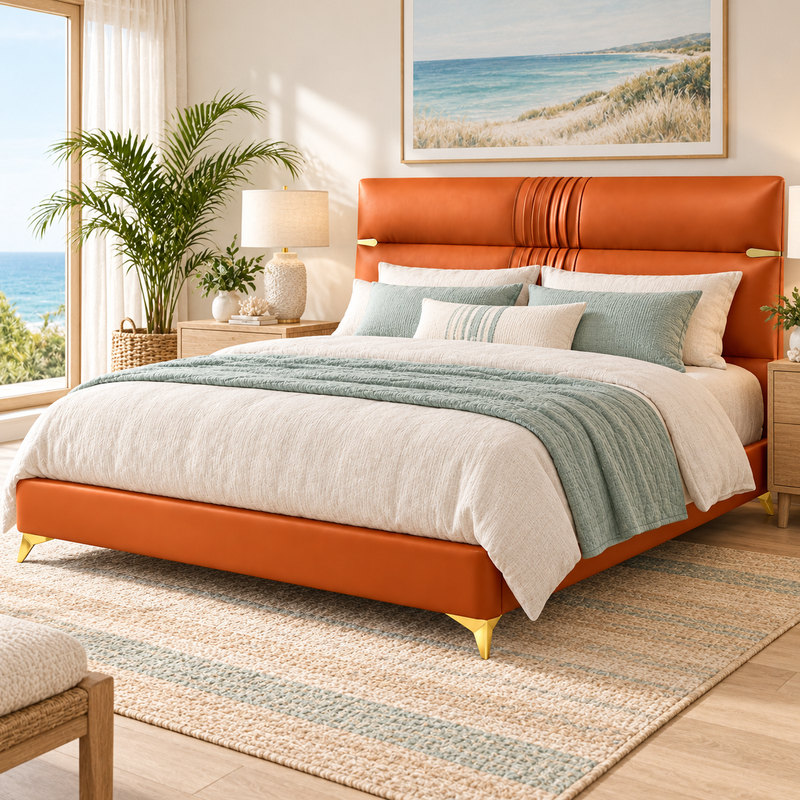 Jiani C2030 Upholstered Bed, complete styled bed display