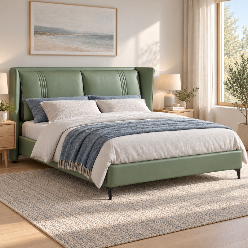 JN Upholstered Bed, complete styled bed display