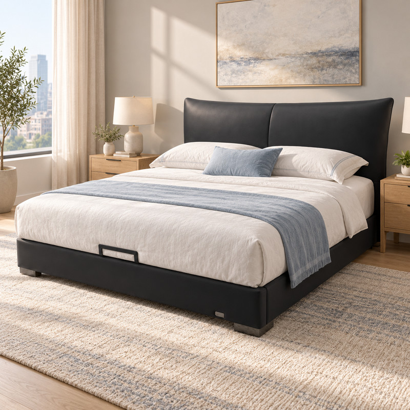 Jiani G9216齐边 Upholstered Bed, complete styled bed display