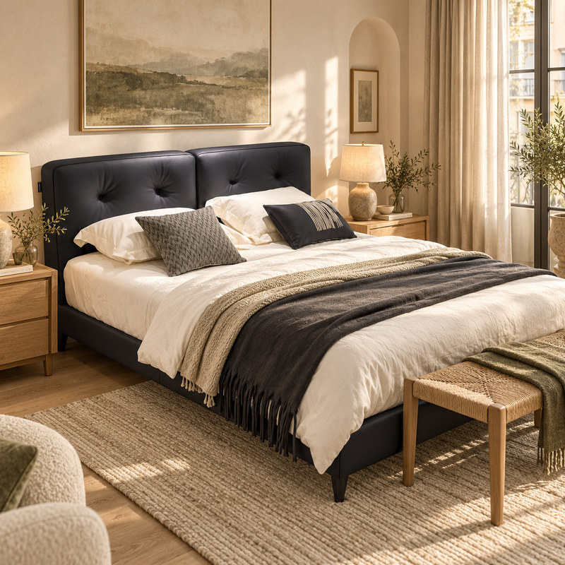 Jiani G9221 Upholstered Bed, complete styled bed display